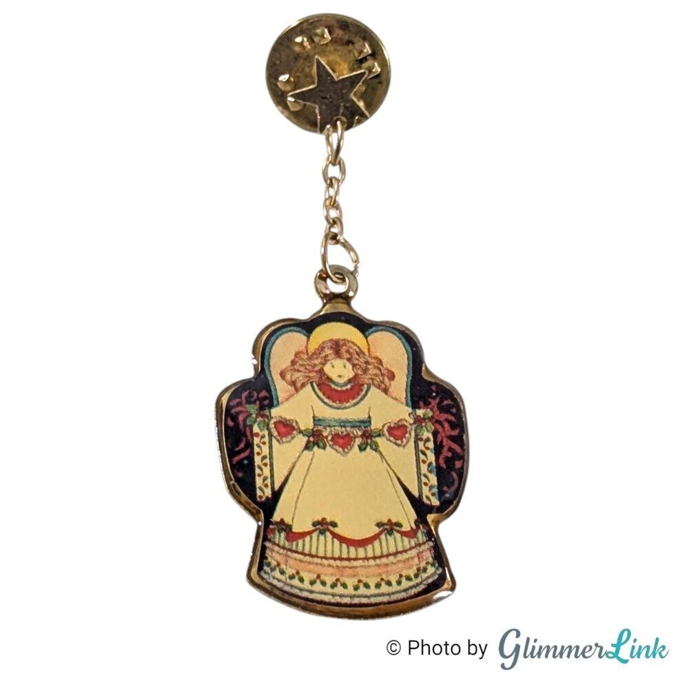 Vintage Gold Tone Star and Dangling Angel Pin Folk Art Style Holiday